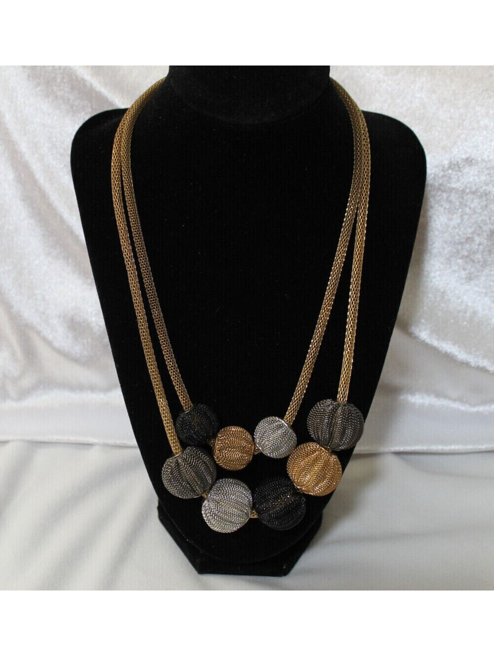 Vintage Double Strand Mesh Necklace with Multi Color Mesh Metal Beads